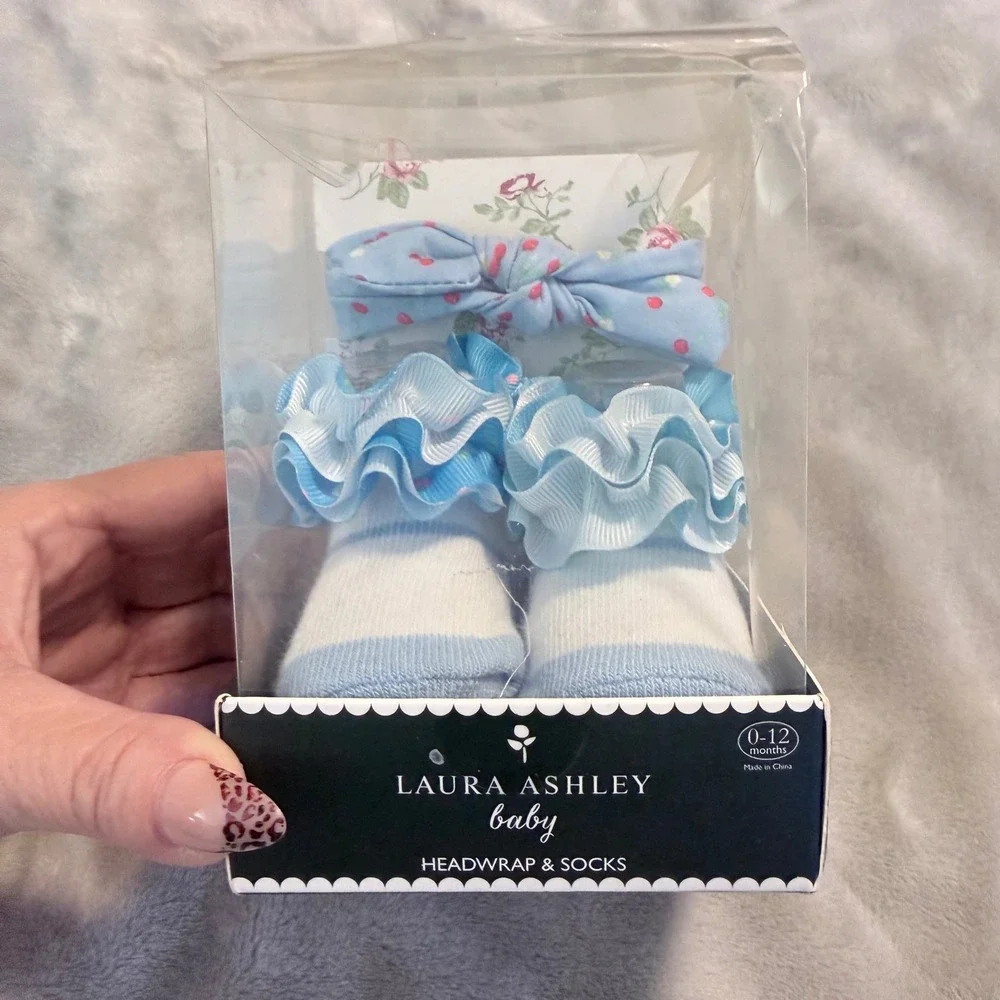 Laura Ashley Baby Headwrap & Ruffle Socks Set 0-12 Months Blue Floral New
